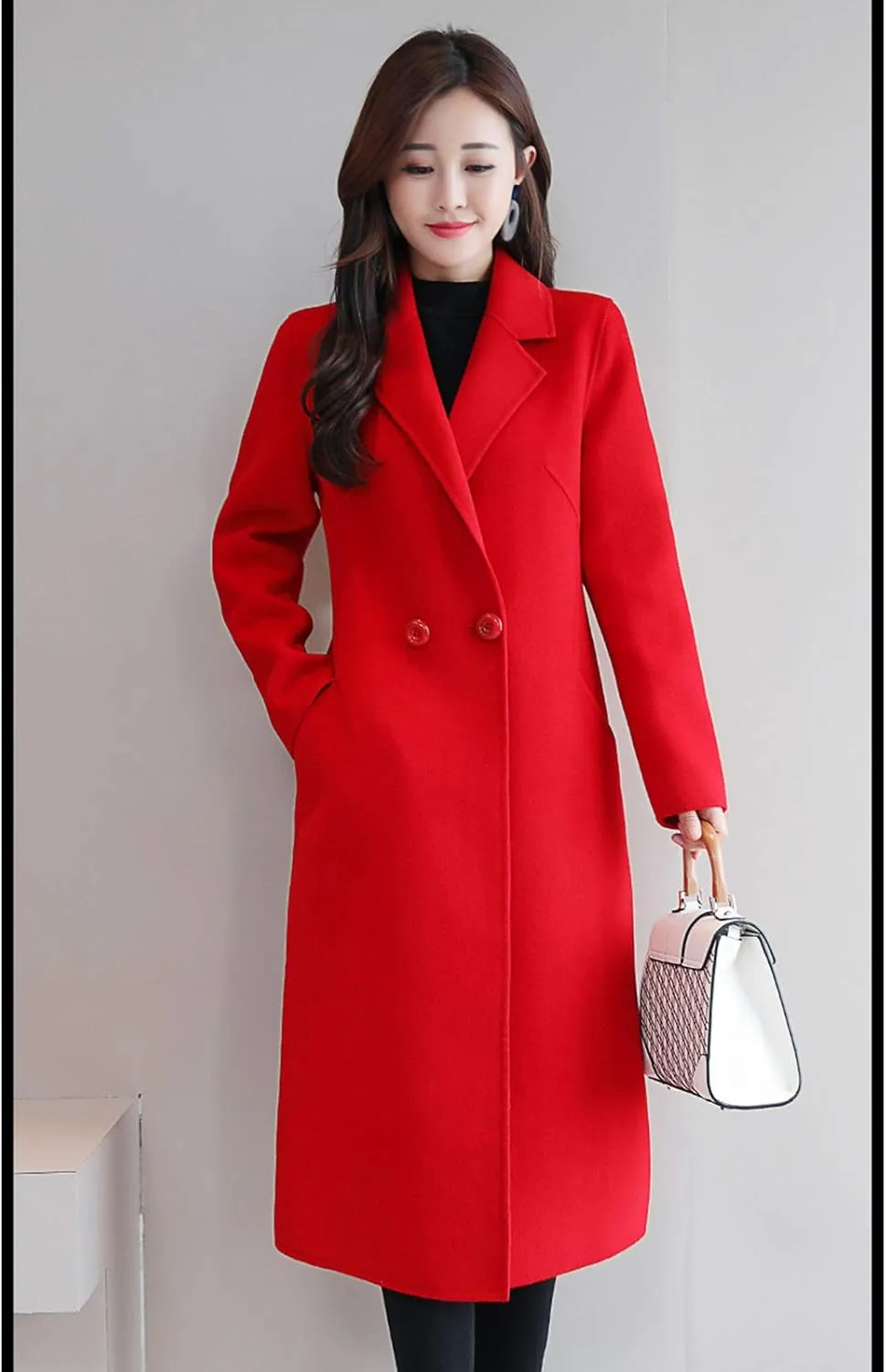 watersouprty Women's Double Breasted Slim Lapel Wool Blend Winter Long Pea Coats