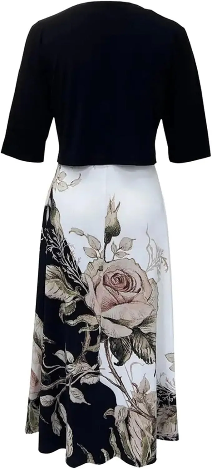 Women Casual Loose Sundress 2 Piece Set Floral Short Sleeve A-Line Midi Dress and Short Sleeve Top Flowy Dress Beach