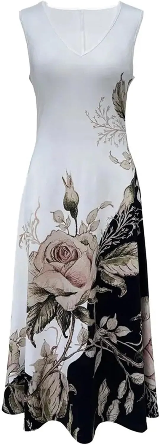 Women Casual Loose Sundress 2 Piece Set Floral Short Sleeve A-Line Midi Dress and Short Sleeve Top Flowy Dress Beach