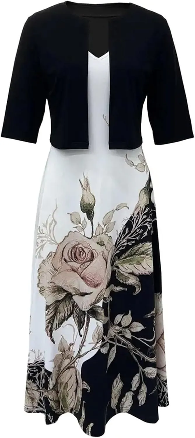 Women Casual Loose Sundress 2 Piece Set Floral Short Sleeve A-Line Midi Dress and Short Sleeve Top Flowy Dress Beach