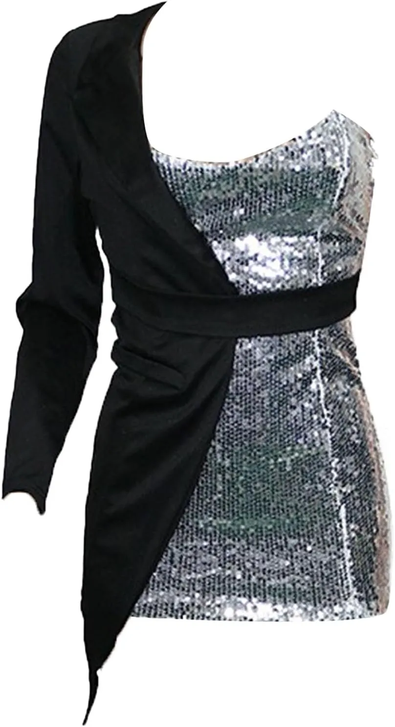 Women Sequin Sexy One Shoulder Dress Long Sleeve Backless Bodycon Cocktail Evening Dress 2024 Formal Party Dress