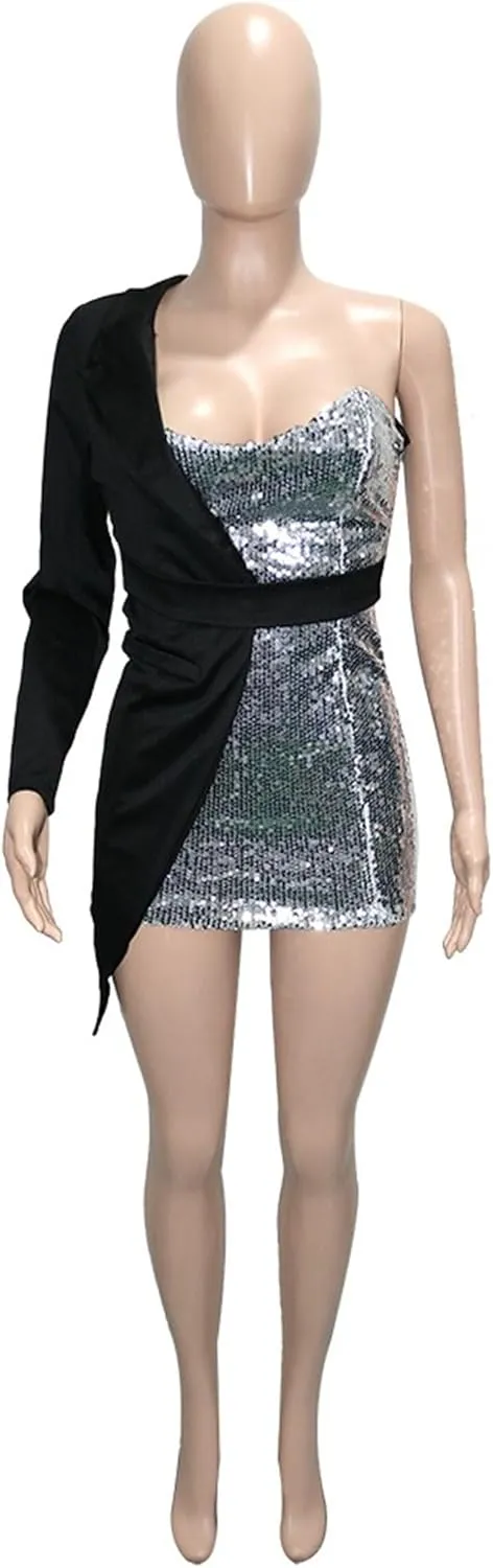 Women Sequin Sexy One Shoulder Dress Long Sleeve Backless Bodycon Cocktail Evening Dress 2024 Formal Party Dress