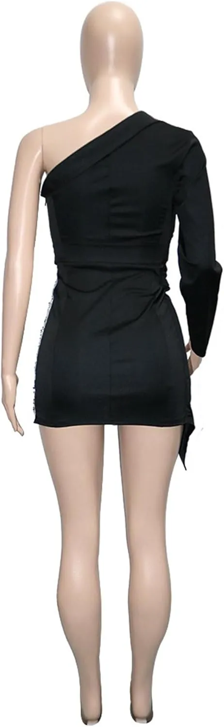 Women Sequin Sexy One Shoulder Dress Long Sleeve Backless Bodycon Cocktail Evening Dress 2024 Formal Party Dress