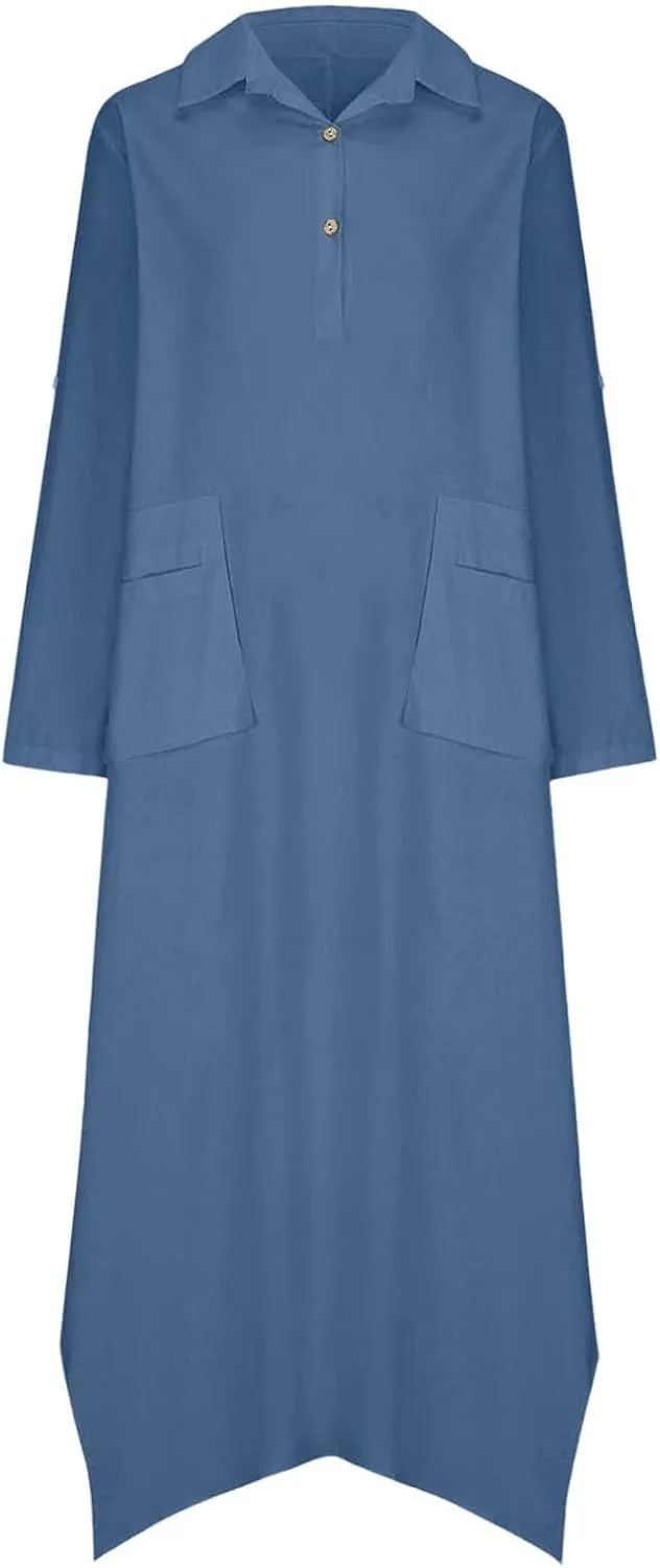 Women Solid Color Long Rolled Sleeve Dress Lapel Collar Button Casual Maxi Dress Loose Fit Basic Dresses with Pockets