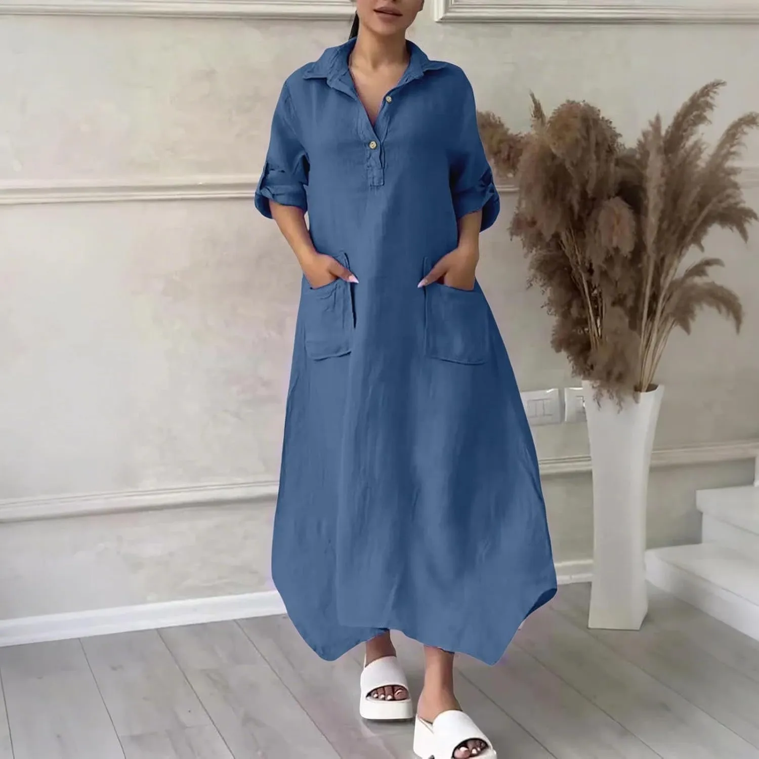 Women Solid Color Long Rolled Sleeve Dress Lapel Collar Button Casual Maxi Dress Loose Fit Basic Dresses with Pockets