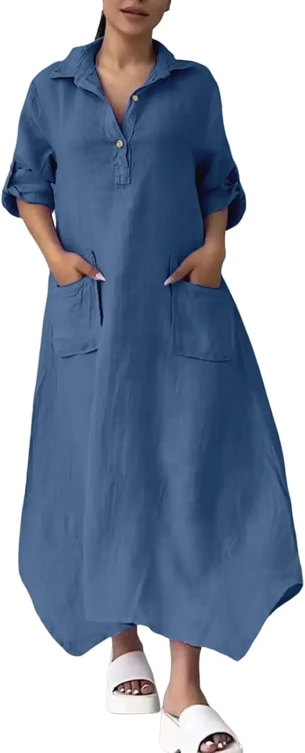 Women Solid Color Long Rolled Sleeve Dress Lapel Collar Button Casual Maxi Dress Loose Fit Basic Dresses with Pockets