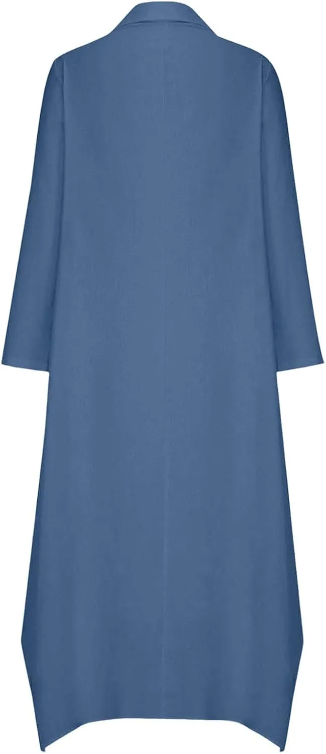 Women Solid Color Long Rolled Sleeve Dress Lapel Collar Button Casual Maxi Dress Loose Fit Basic Dresses with Pockets