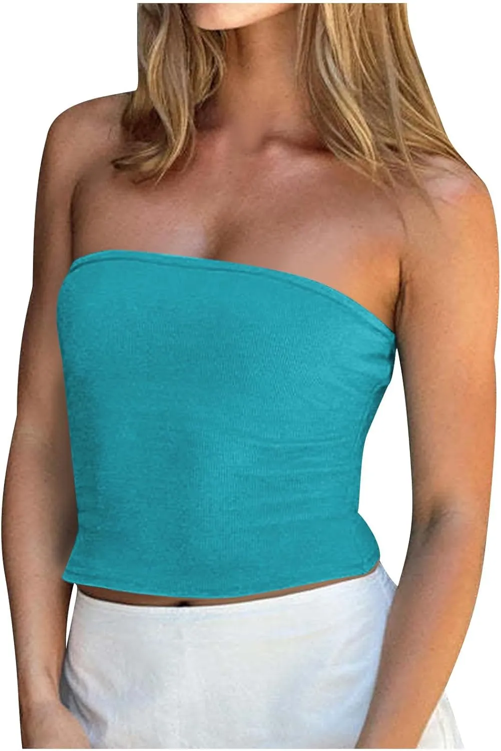 Women Summer Ribbed Knit Crop Tube Top, Elastic Slim Summer Going Out Trendy Clothes Strapless Breathable Basic Bustier