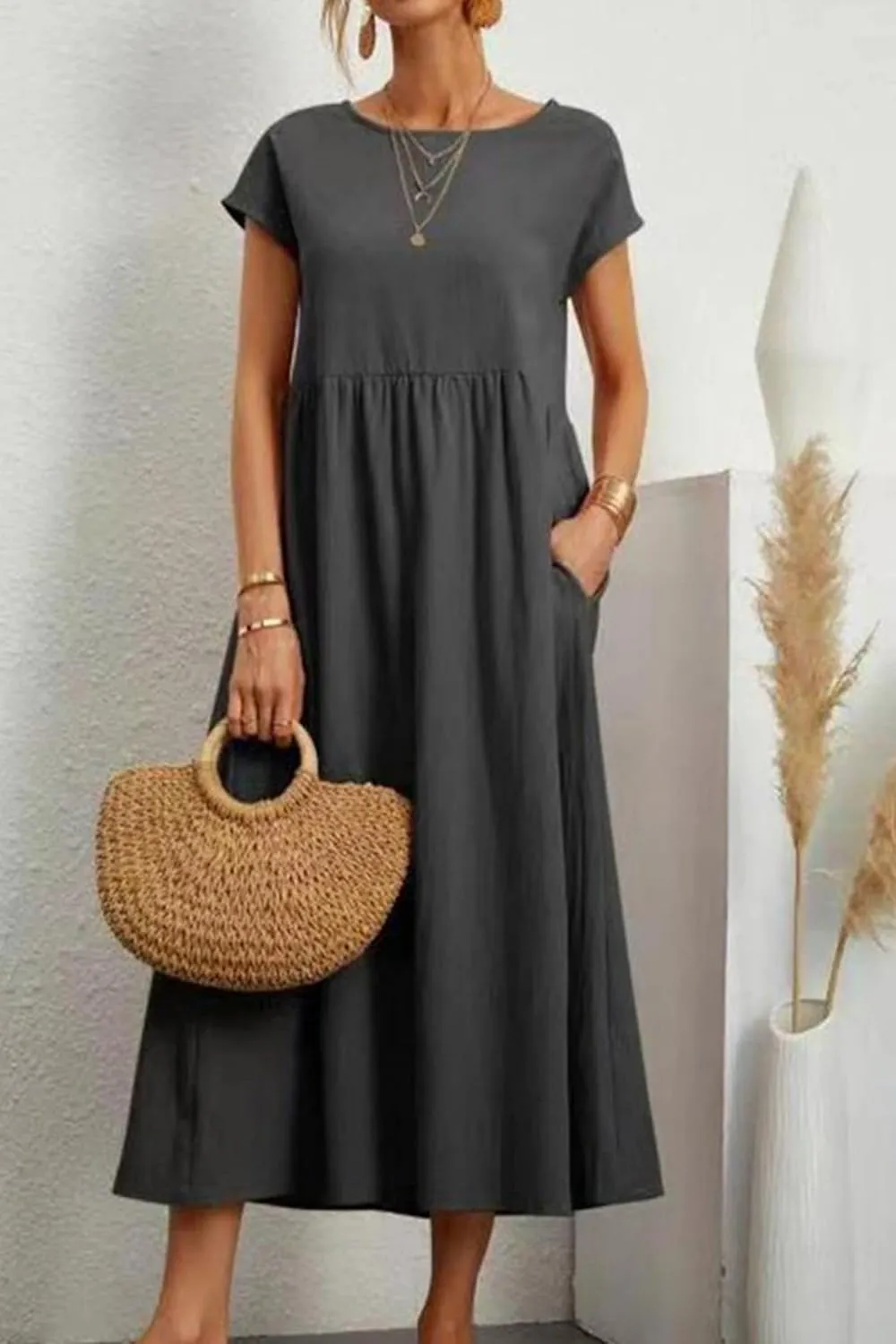 Women Summer Short Sleeve Cotton Linen Casual Pockets Loose Dress Plus Size Crewneck Shirts Elegant Flowy Midi Dress
