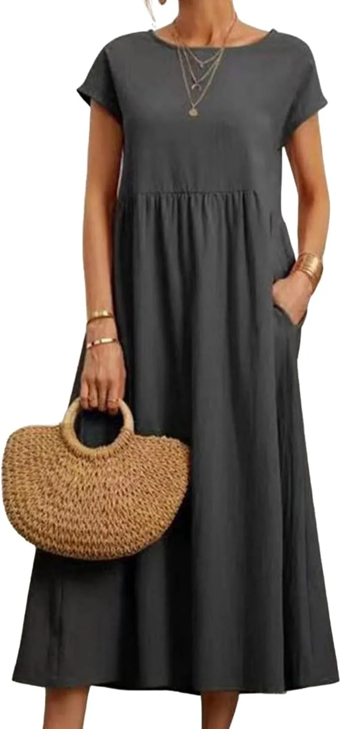 Women Summer Short Sleeve Cotton Linen Casual Pockets Loose Dress Plus Size Crewneck Shirts Elegant Flowy Midi Dress