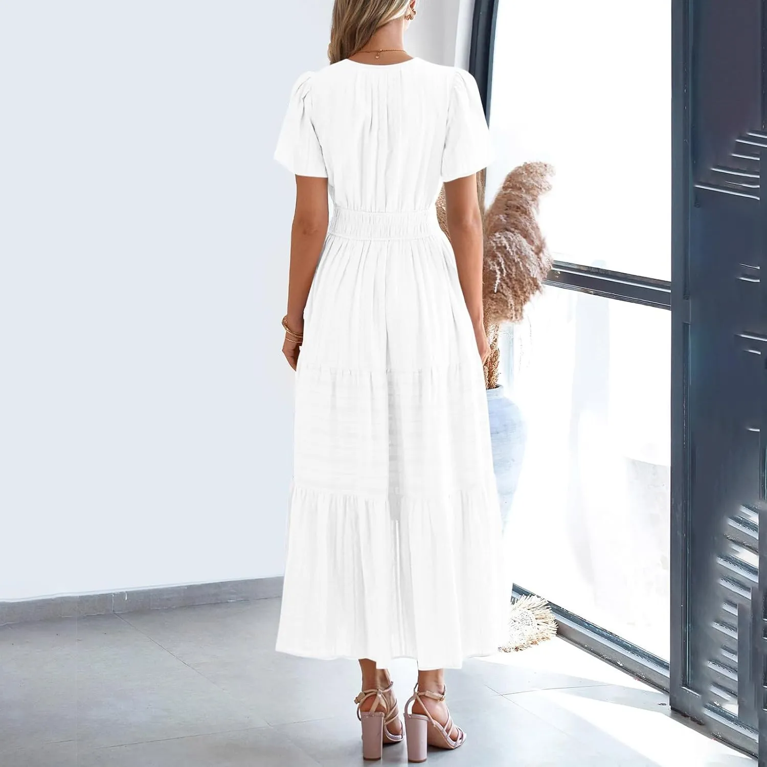 Women's 2025 Summer Soild Midi Dress Elegant Pleated Flowy Sexy Dress Gentle Refreshing Casual Loose Swing Midi Dress