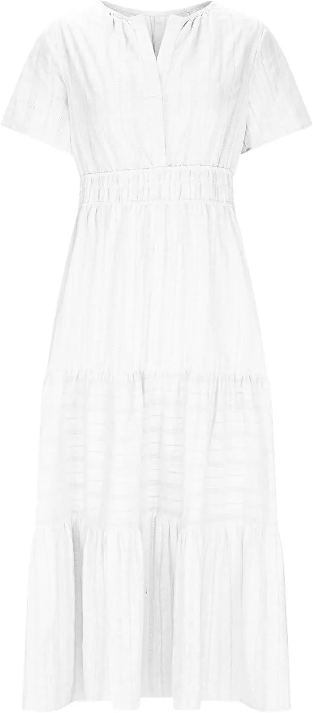Women's 2025 Summer Soild Midi Dress Elegant Pleated Flowy Sexy Dress Gentle Refreshing Casual Loose Swing Midi Dress