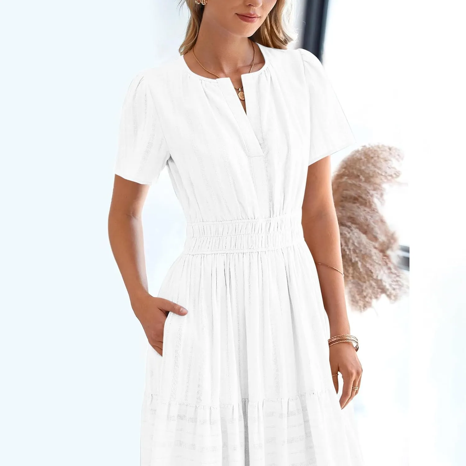 Women's 2025 Summer Soild Midi Dress Elegant Pleated Flowy Sexy Dress Gentle Refreshing Casual Loose Swing Midi Dress