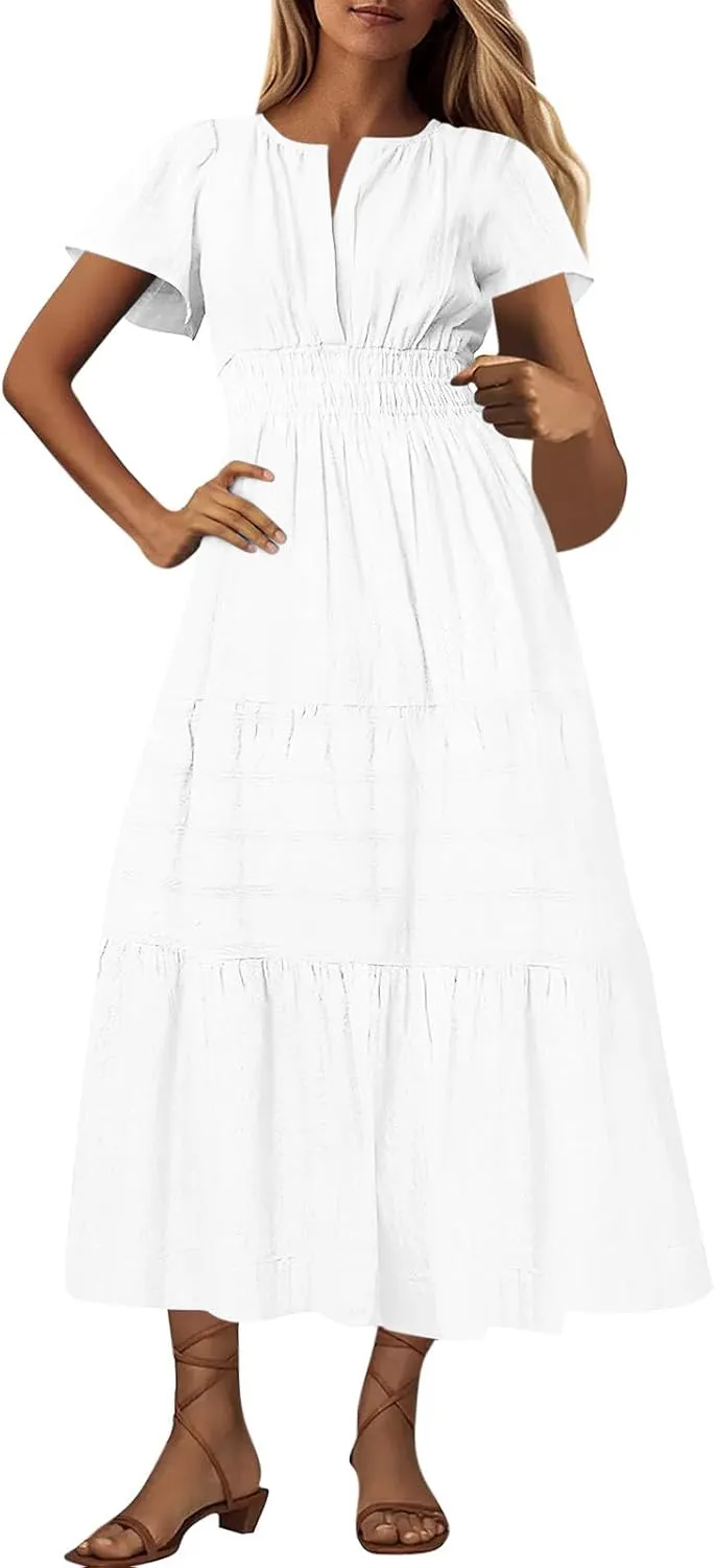 Women's 2025 Summer Soild Midi Dress Elegant Pleated Flowy Sexy Dress Gentle Refreshing Casual Loose Swing Midi Dress