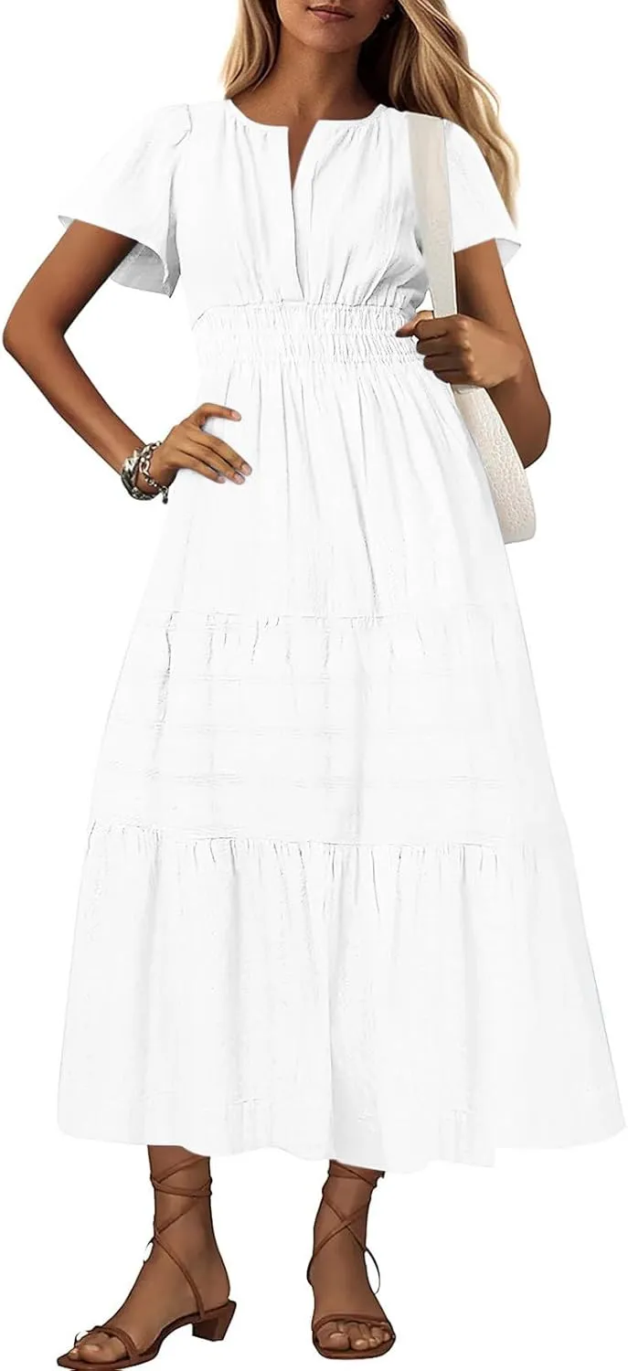 Women's 2025 Summer Soild Midi Dress Elegant Pleated Flowy Sexy Dress Gentle Refreshing Casual Loose Swing Midi Dress
