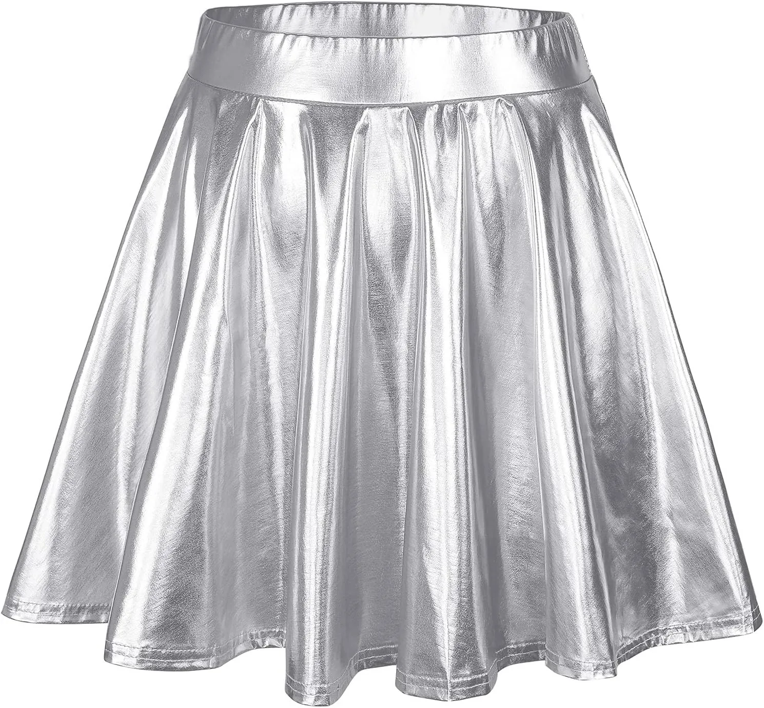 Womens Basic Versatile Mini Skirts Casual Stretchy Flared Skater Skirt Fashion Sexy Solid Pleated Skirt Shiny Skirts