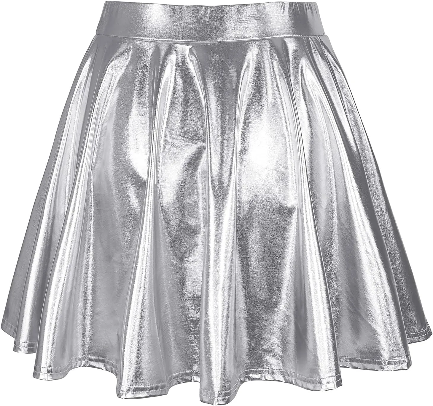 Womens Basic Versatile Mini Skirts Casual Stretchy Flared Skater Skirt Fashion Sexy Solid Pleated Skirt Shiny Skirts