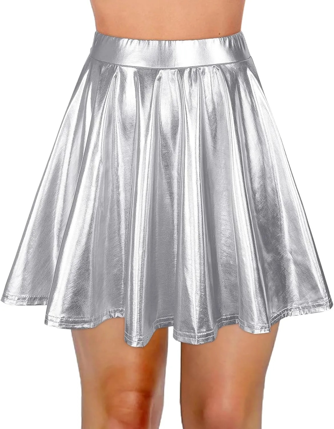 Womens Basic Versatile Mini Skirts Casual Stretchy Flared Skater Skirt Fashion Sexy Solid Pleated Skirt Shiny Skirts