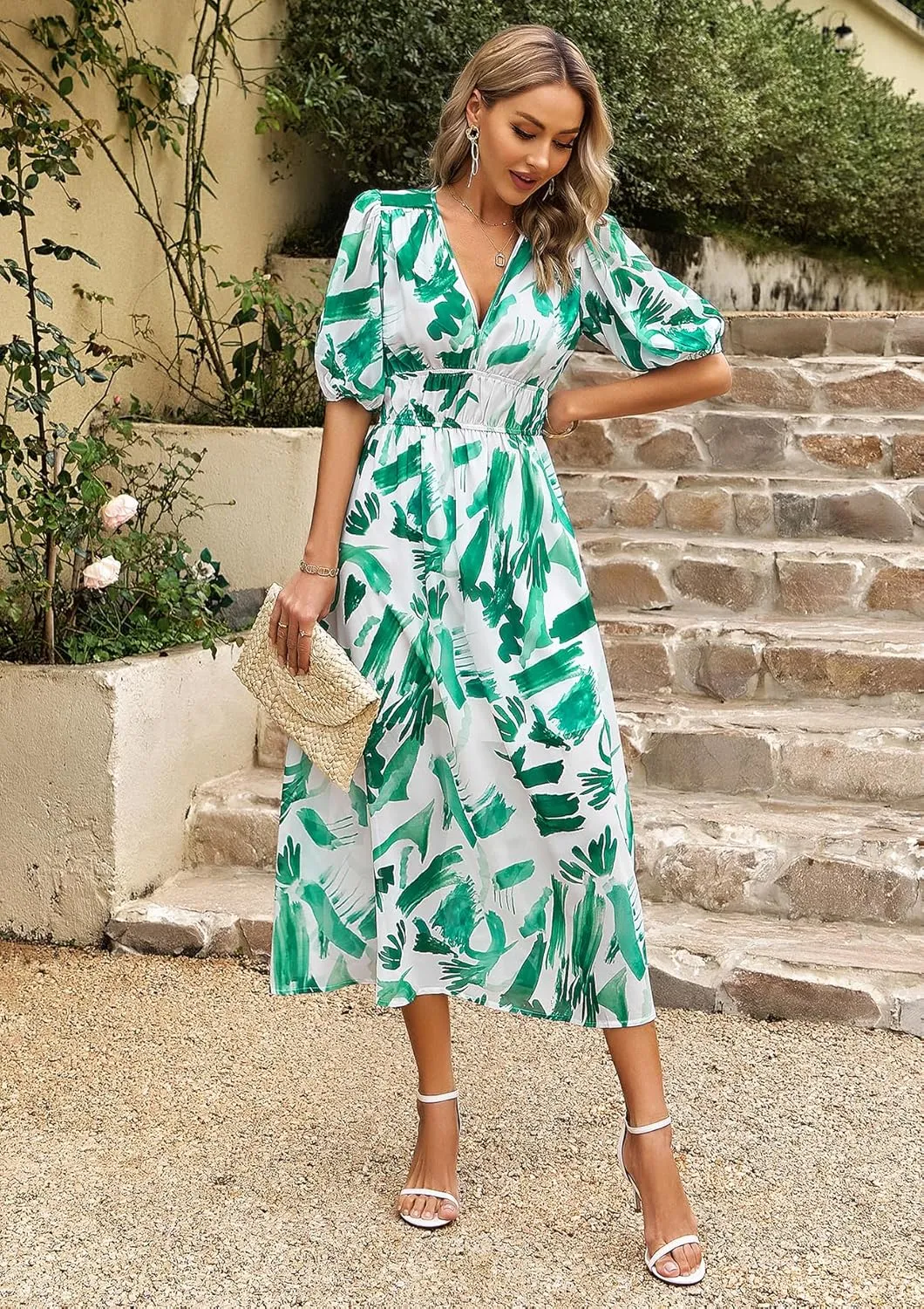 Womens Boho Floral V Neck Maxi Dress Summer Short Sleeve Elastic Waist Casual Flowy Long Dress