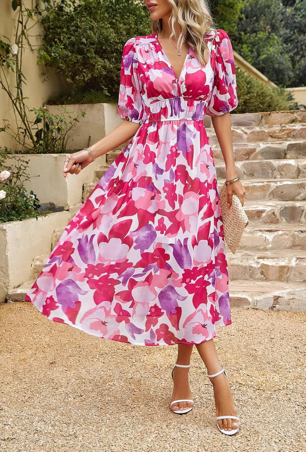 Womens Boho Floral V Neck Maxi Dress Summer Short Sleeve Elastic Waist Casual Flowy Long Dress