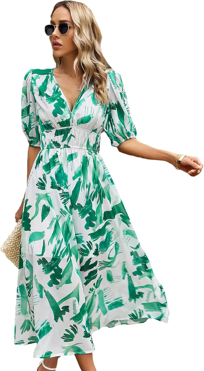 Womens Boho Floral V Neck Maxi Dress Summer Short Sleeve Elastic Waist Casual Flowy Long Dress