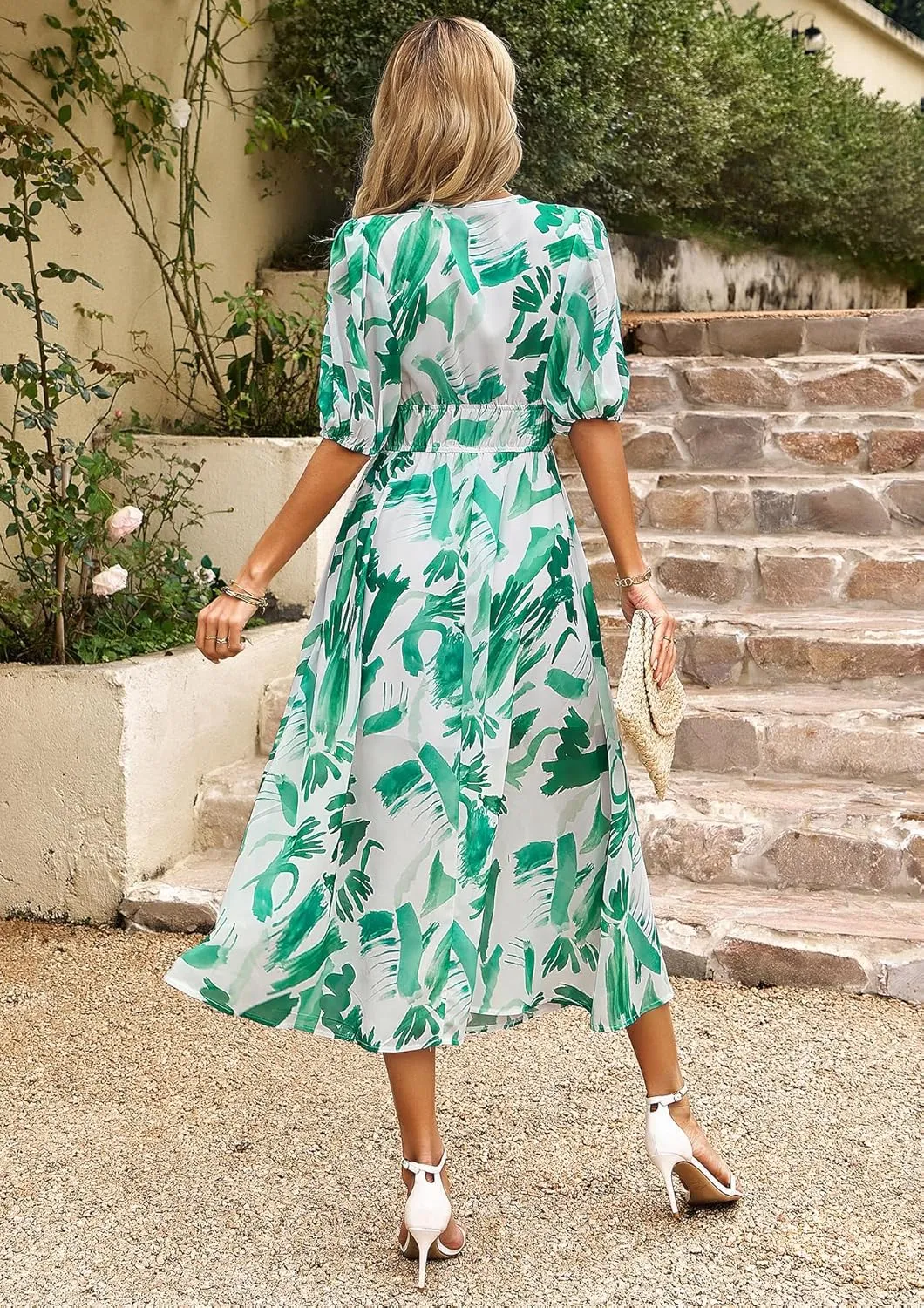 Womens Boho Floral V Neck Maxi Dress Summer Short Sleeve Elastic Waist Casual Flowy Long Dress