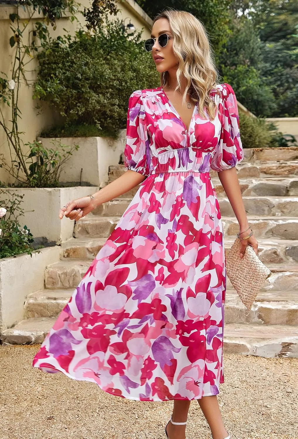 Womens Boho Floral V Neck Maxi Dress Summer Short Sleeve Elastic Waist Casual Flowy Long Dress