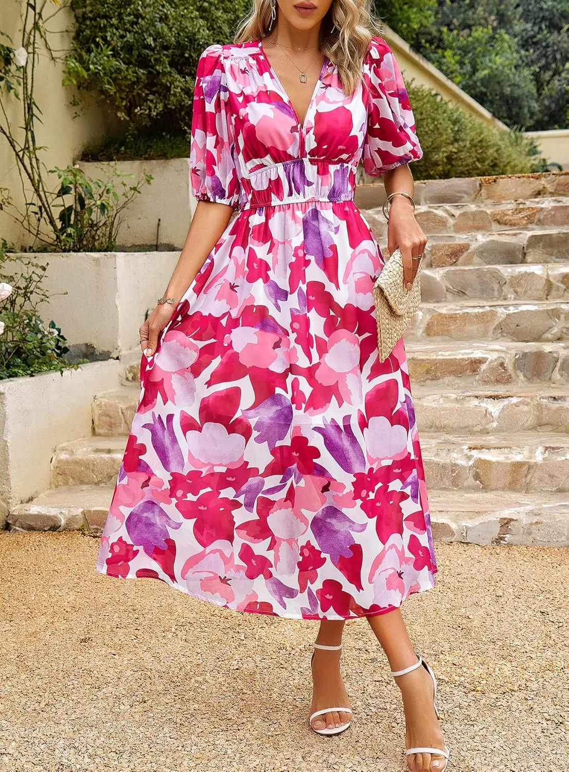 Womens Boho Floral V Neck Maxi Dress Summer Short Sleeve Elastic Waist Casual Flowy Long Dress