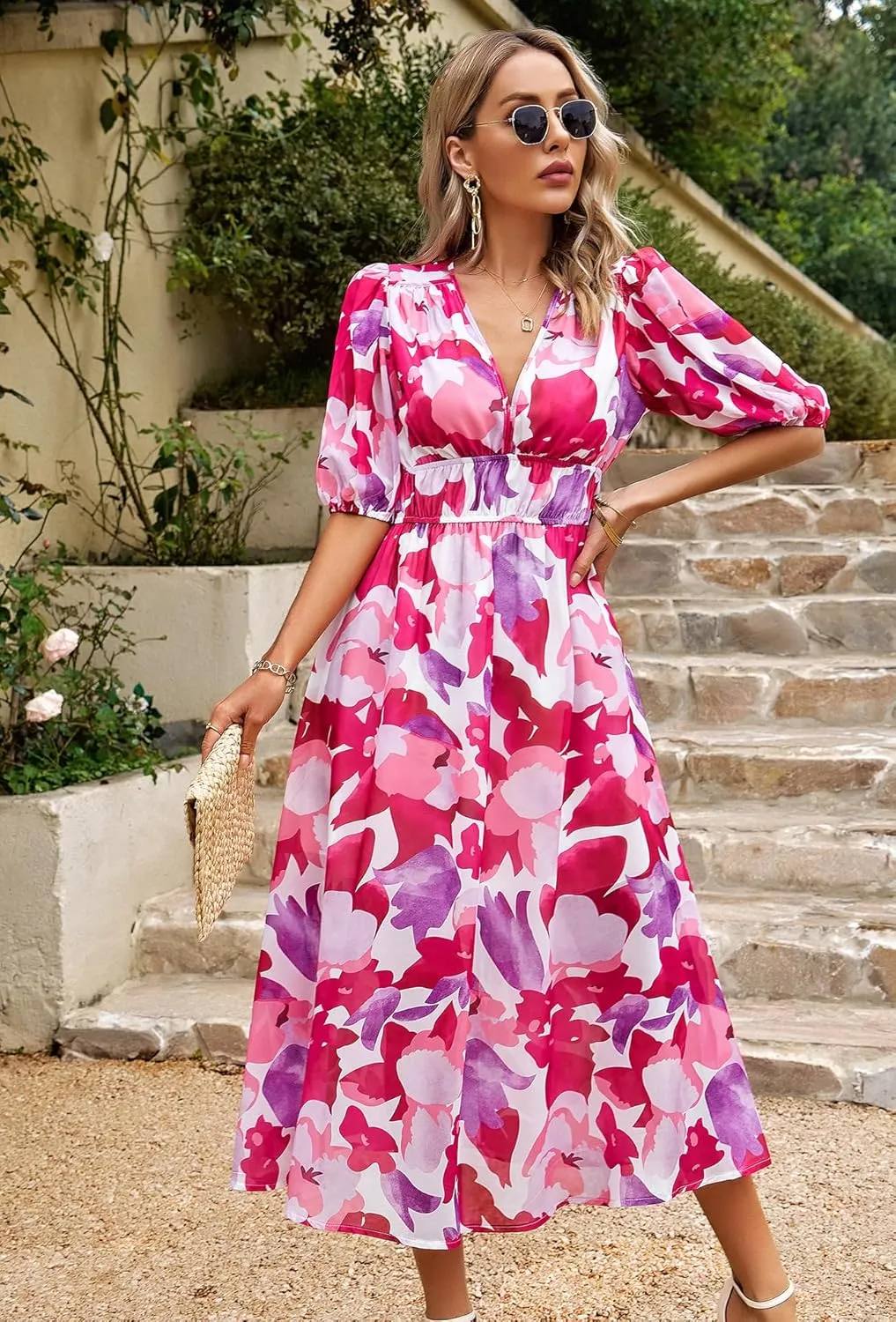 Womens Boho Floral V Neck Maxi Dress Summer Short Sleeve Elastic Waist Casual Flowy Long Dress