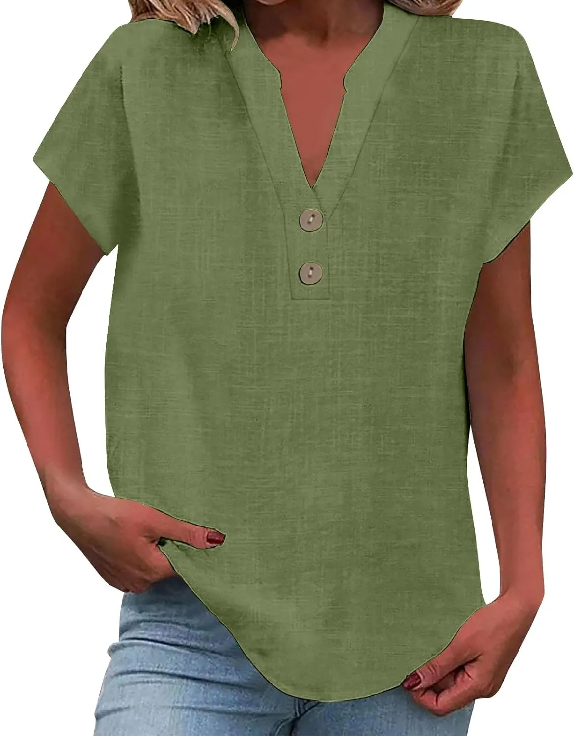 Women's Button Down Linen Shirt Short Sleeve V-Neck Tee Solid Color Casual Blouse Lightweight and Breathable Tops