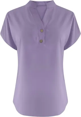 Women's Button Down Linen Shirt Short Sleeve V-Neck Tee Solid Color Casual Blouse Lightweight and Breathable Tops