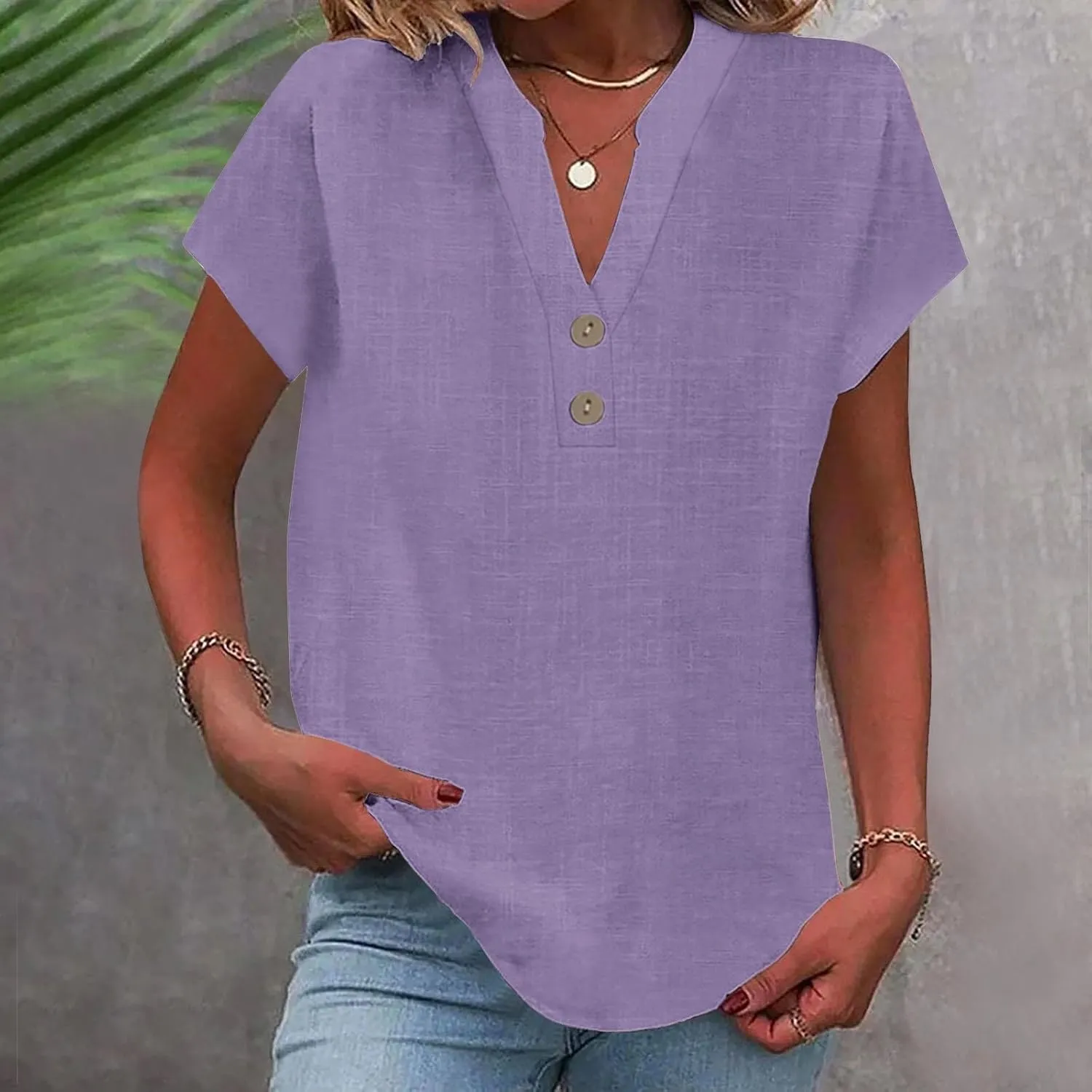 Women's Button Down Linen Shirt Short Sleeve V-Neck Tee Solid Color Casual Blouse Lightweight and Breathable Tops
