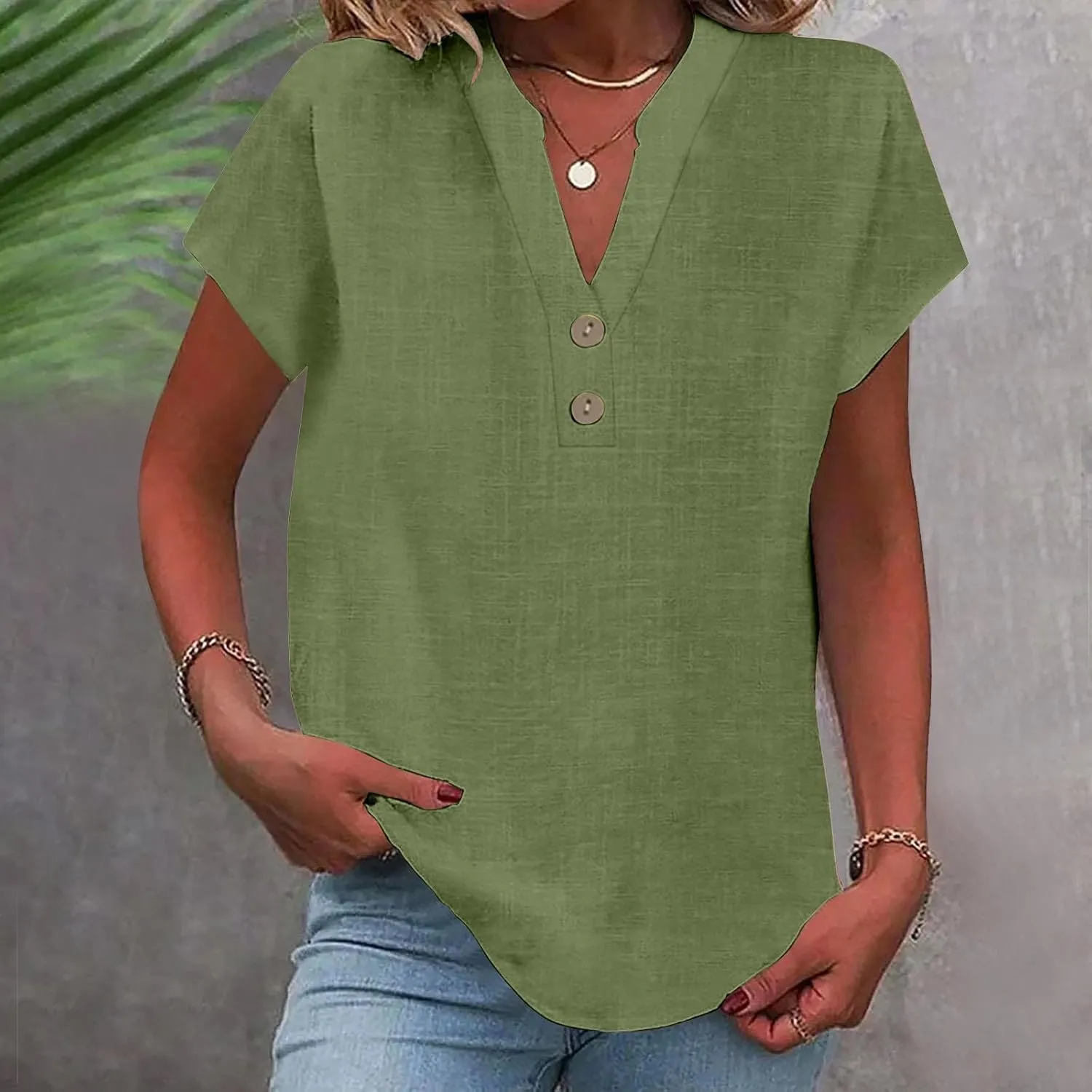 Women's Button Down Linen Shirt Short Sleeve V-Neck Tee Solid Color Casual Blouse Lightweight and Breathable Tops