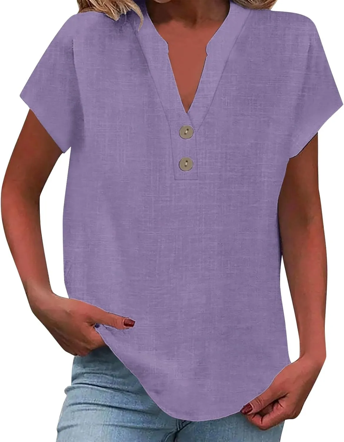 Women's Button Down Linen Shirt Short Sleeve V-Neck Tee Solid Color Casual Blouse Lightweight and Breathable Tops