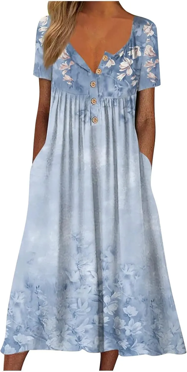 Womens Dresses Plus Size Loose T Shirts Dress Floral Midi Dress Cute Pleated Dress with Pockets Casual Dresses Summer