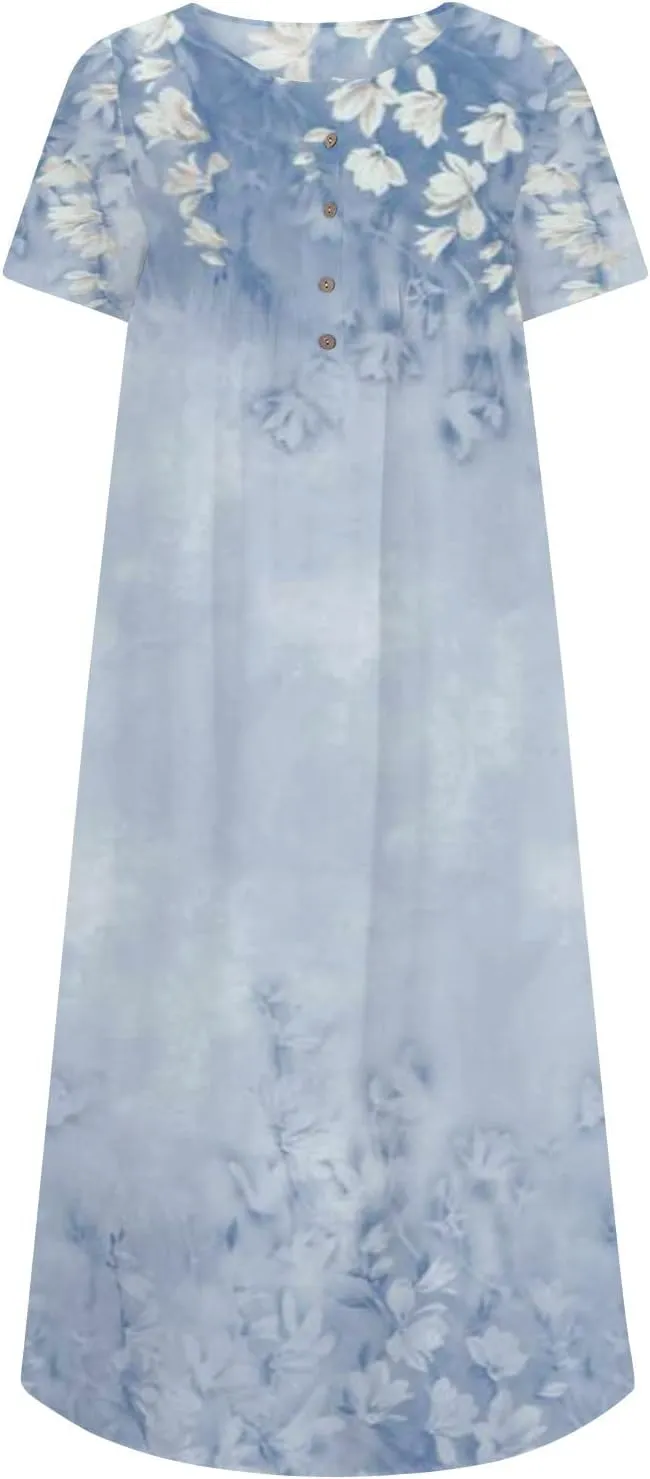 Womens Dresses Plus Size Loose T Shirts Dress Floral Midi Dress Cute Pleated Dress with Pockets Casual Dresses Summer