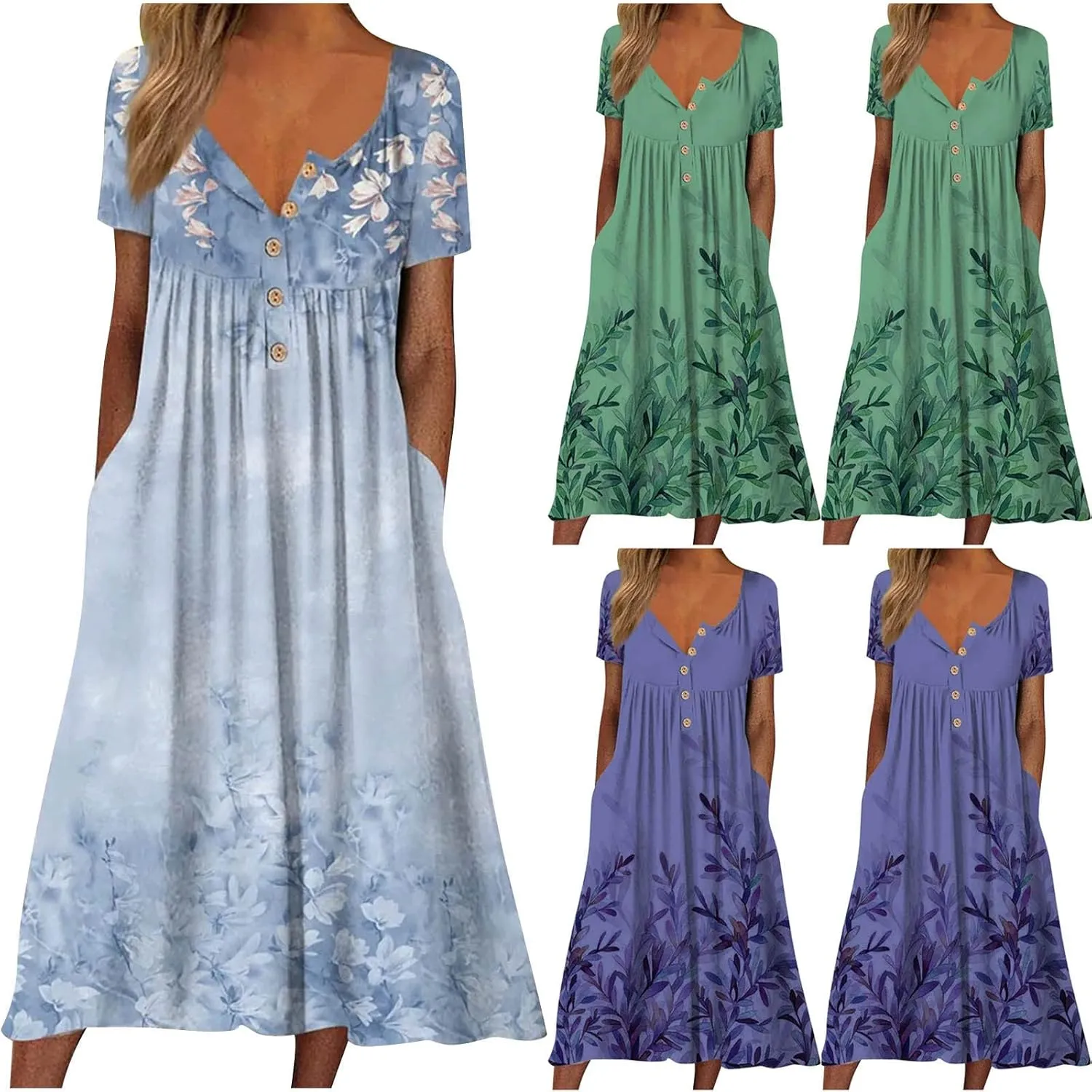 Womens Dresses Plus Size Loose T Shirts Dress Floral Midi Dress Cute Pleated Dress with Pockets Casual Dresses Summer