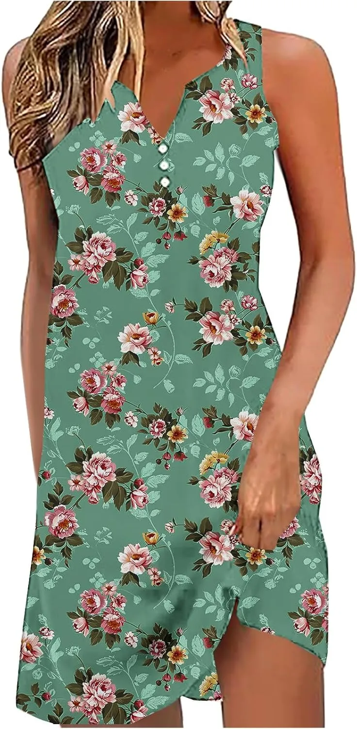 Womens Floral Short Sun Dress Sleeveless Beach Vacation Sundresses Trendy Casual Dresses Boho Clothing 2025