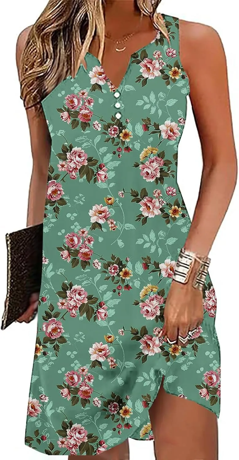 Womens Floral Short Sun Dress Sleeveless Beach Vacation Sundresses Trendy Casual Dresses Boho Clothing 2025