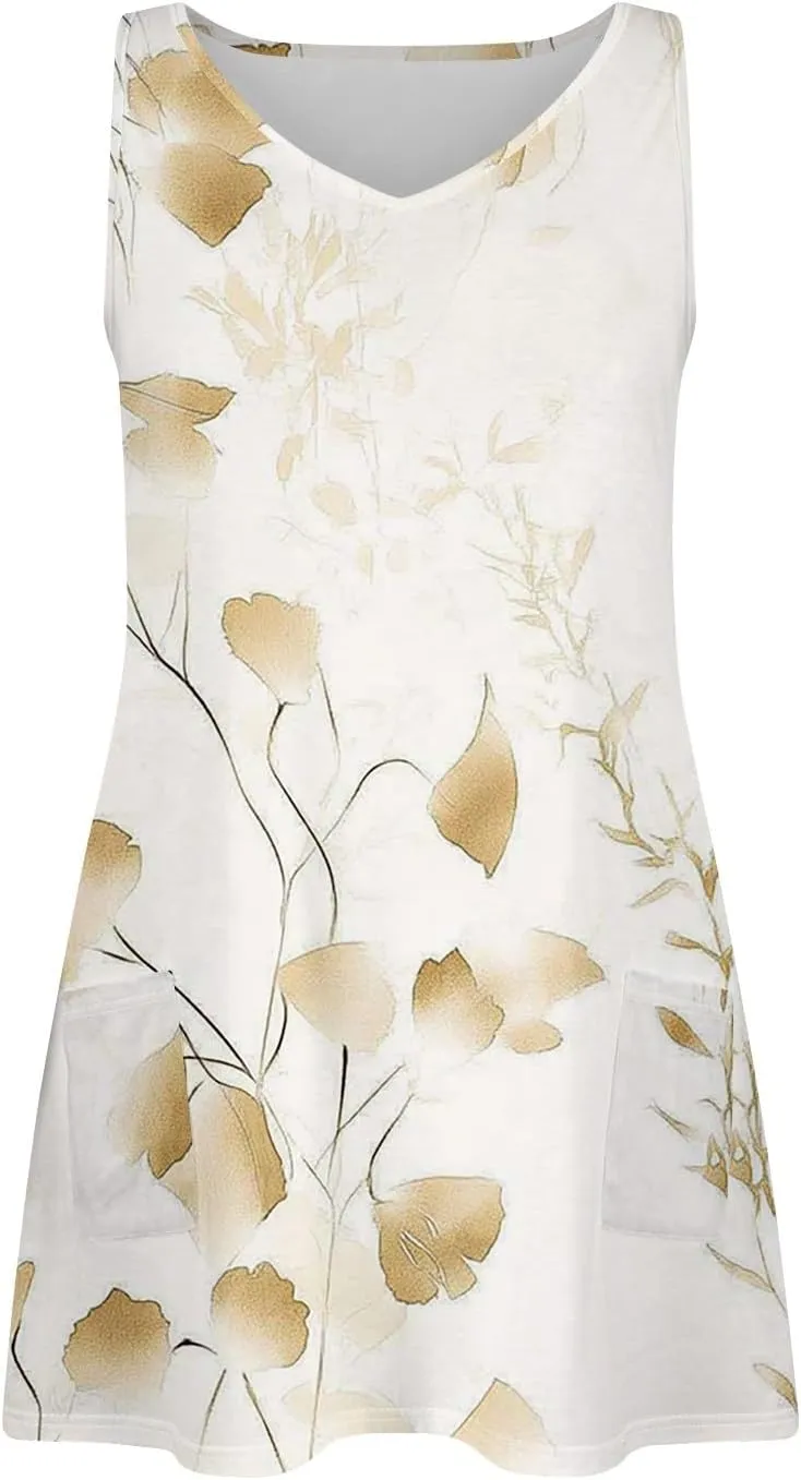 Womens Summer Dresses 2025 Casual Loose Sleeveless V Neck Tank Sundresses Boho Floral Hawaiian Beach Dresses with Pockets