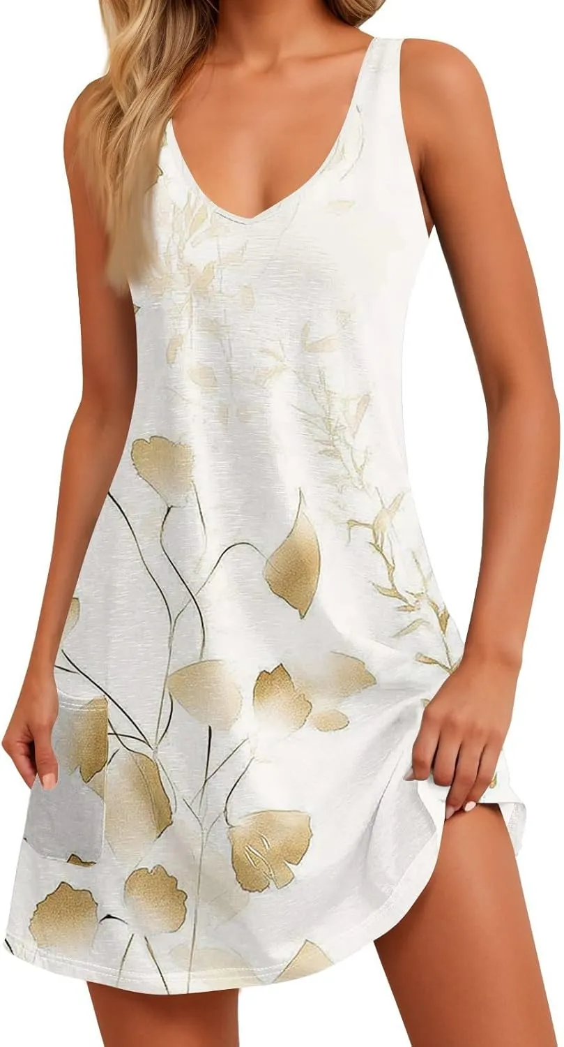 Womens Summer Dresses 2025 Casual Loose Sleeveless V Neck Tank Sundresses Boho Floral Hawaiian Beach Dresses with Pockets