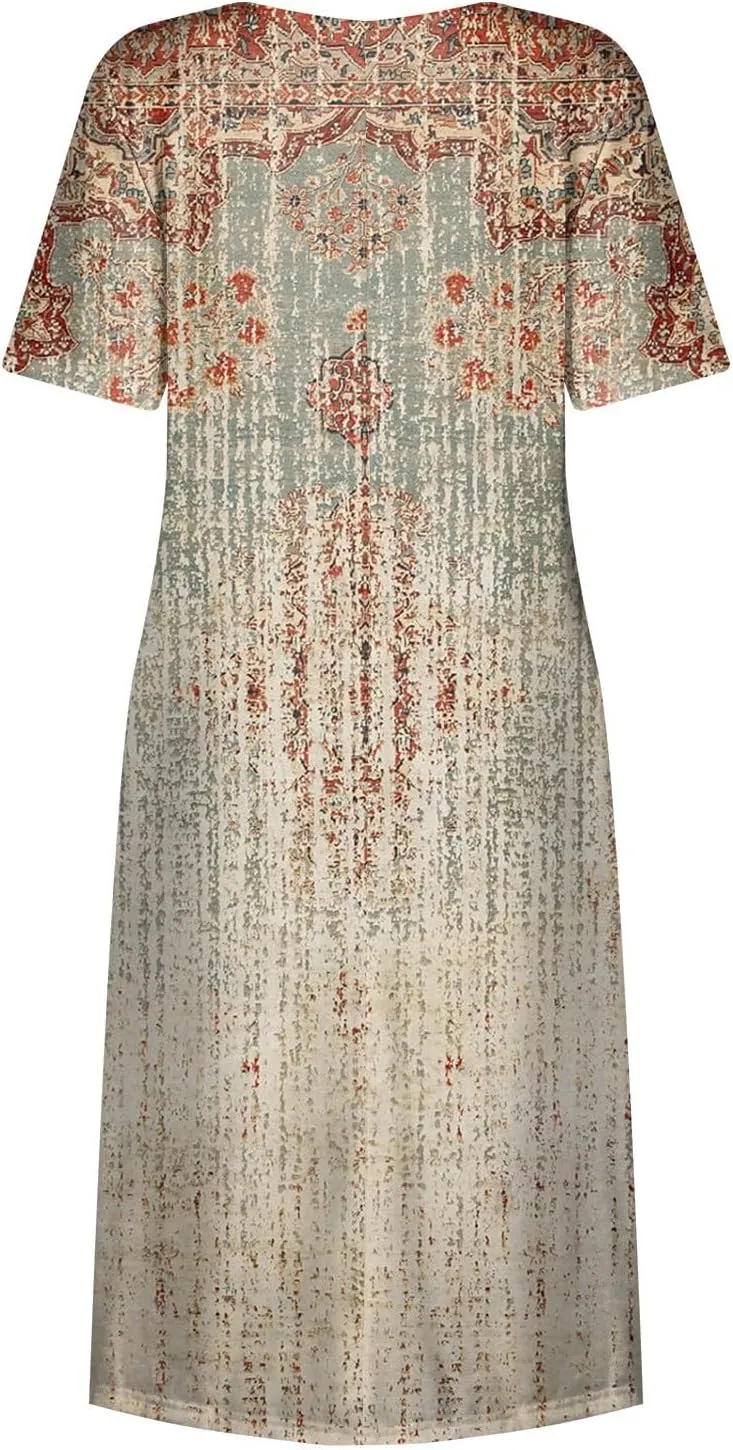 Womens Summer Dresses Printed O Neck Boho Dress Short Sleeve Pleated Beach Dress Flowy Long Dress with Pocket