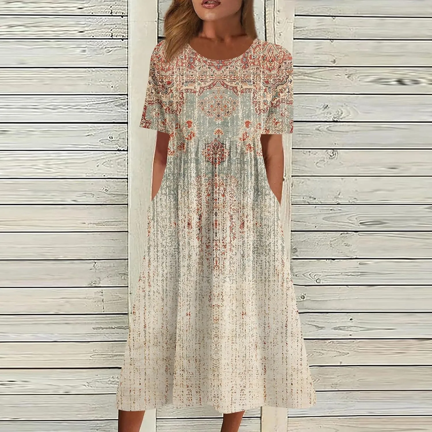 Womens Summer Dresses Printed O Neck Boho Dress Short Sleeve Pleated Beach Dress Flowy Long Dress with Pocket