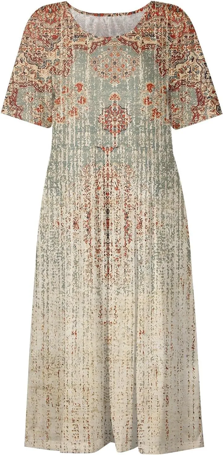 Womens Summer Dresses Printed O Neck Boho Dress Short Sleeve Pleated Beach Dress Flowy Long Dress with Pocket