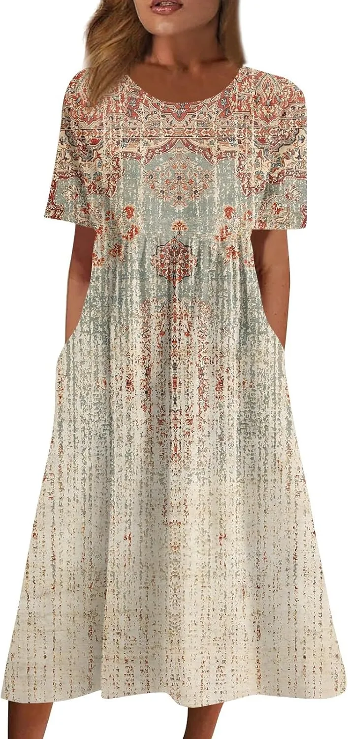 Womens Summer Dresses Printed O Neck Boho Dress Short Sleeve Pleated Beach Dress Flowy Long Dress with Pocket