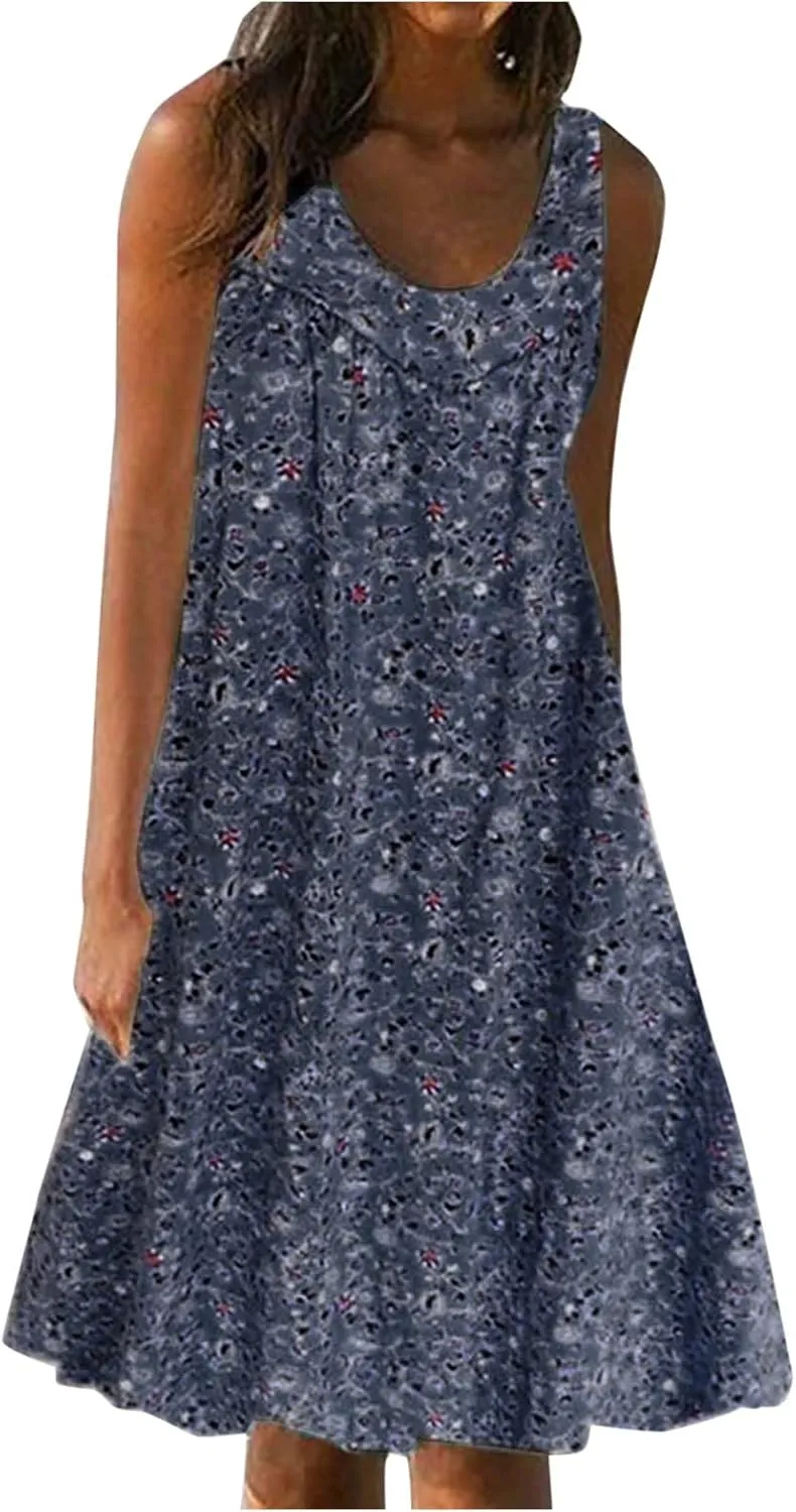 Women's Summer Print Dress Short Sleeve Crew-Neck Loose Dress Beach Dress Sun Dress Ruffled Flowy Midi Dress