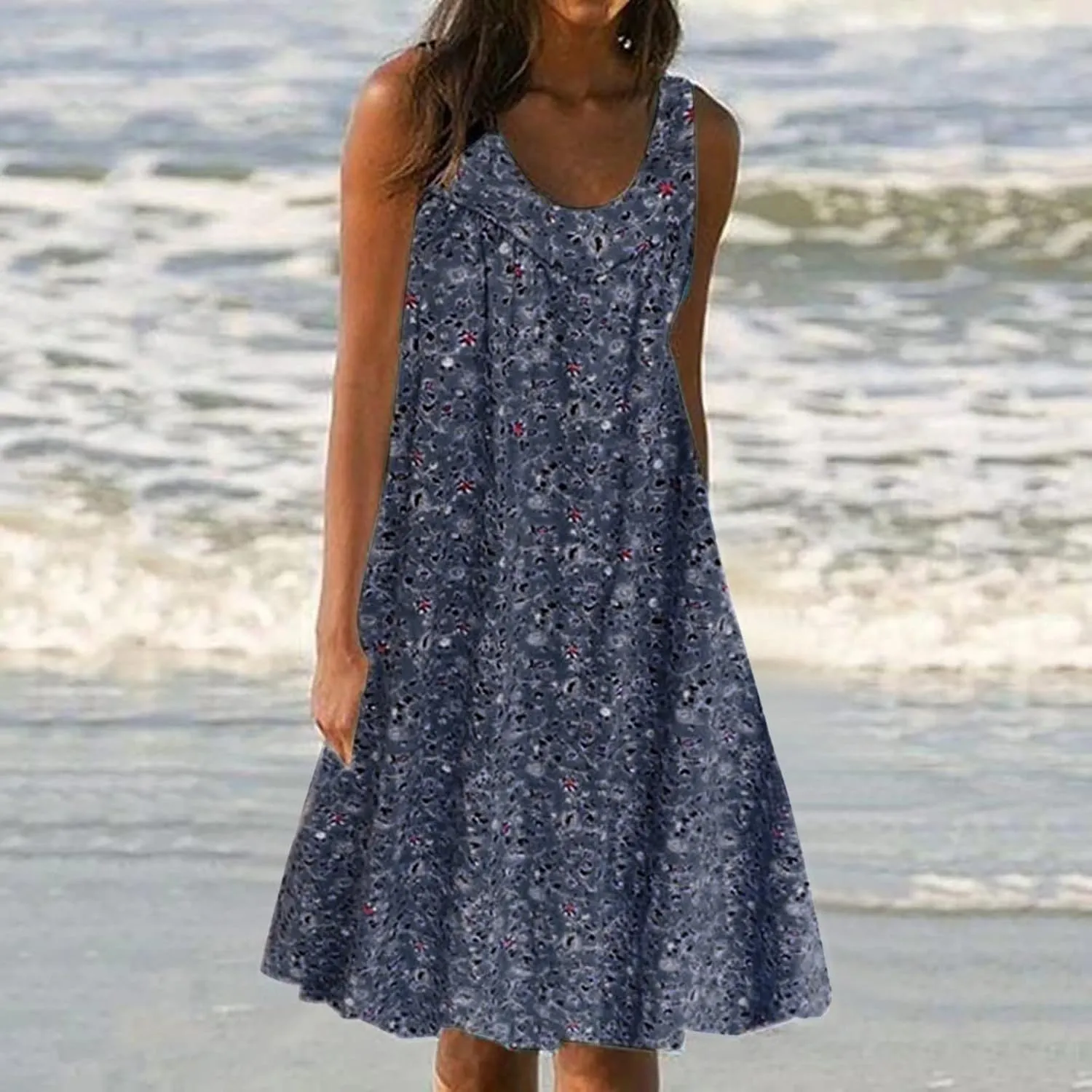 Women's Summer Print Dress Short Sleeve Crew-Neck Loose Dress Beach Dress Sun Dress Ruffled Flowy Midi Dress