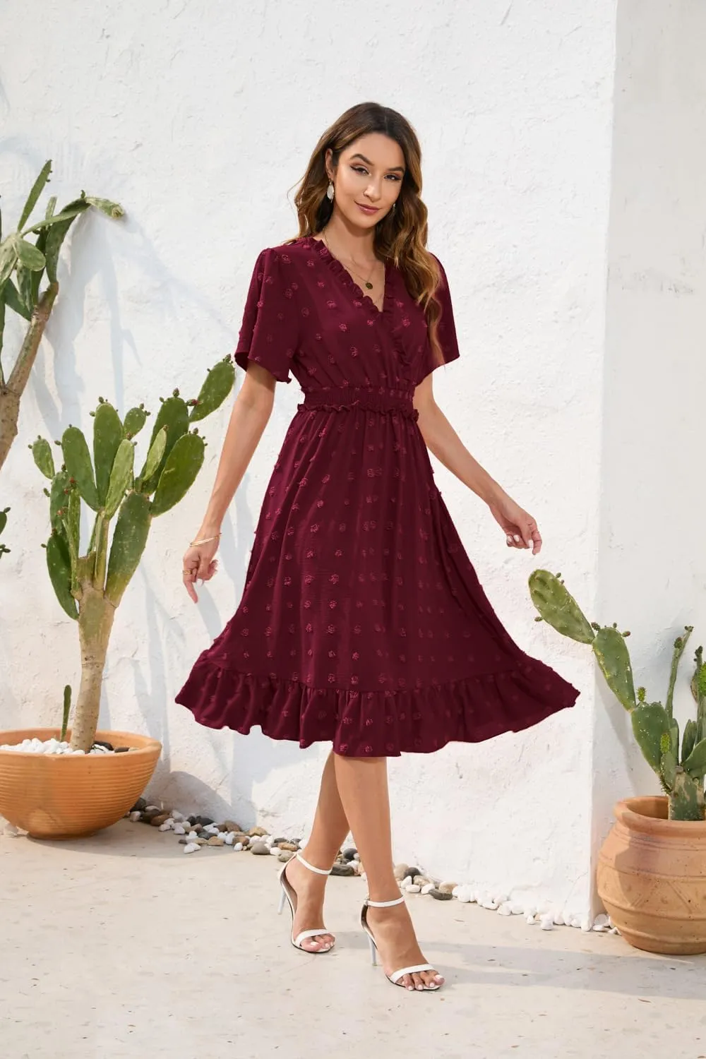 Womens Summer Short Sleeve Wrap V Neck Swiss Dot Midi Dress Boho Ruffle Wedding Guest Dress