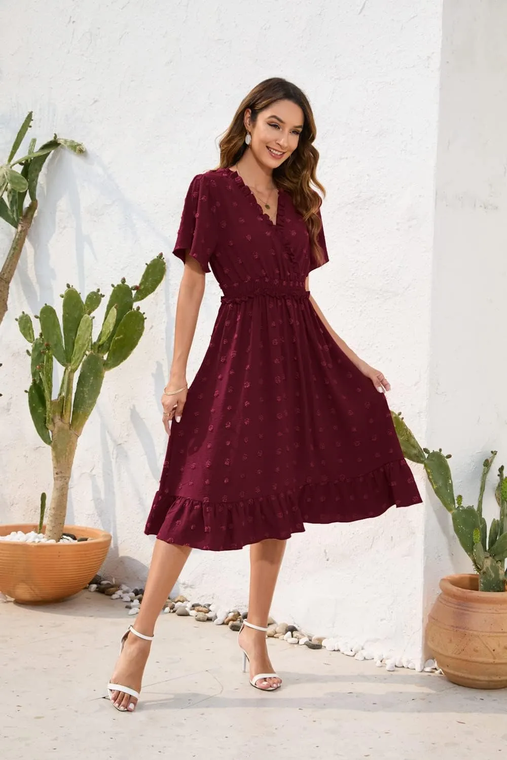 Womens Summer Short Sleeve Wrap V Neck Swiss Dot Midi Dress Boho Ruffle Wedding Guest Dress