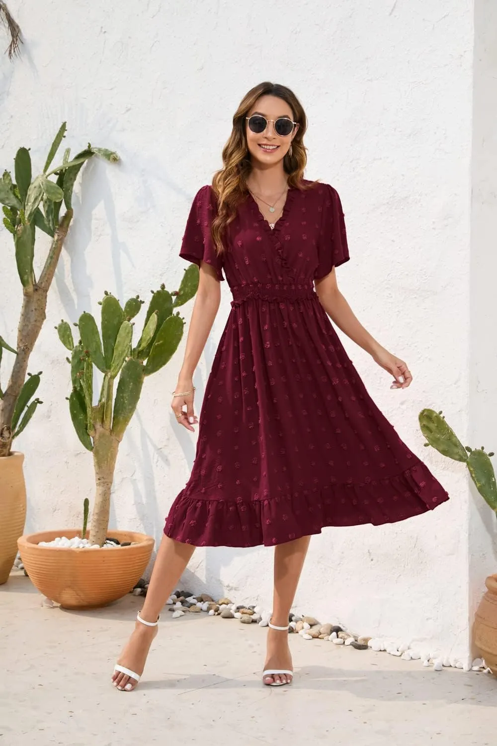 Womens Summer Short Sleeve Wrap V Neck Swiss Dot Midi Dress Boho Ruffle Wedding Guest Dress